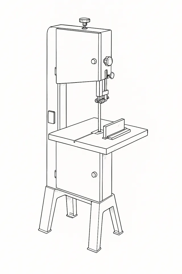 Line-art illustration of the Axminster AP2920B bandsaw showing its upper and lower wheel housings, blade guides and tensioning mechanism