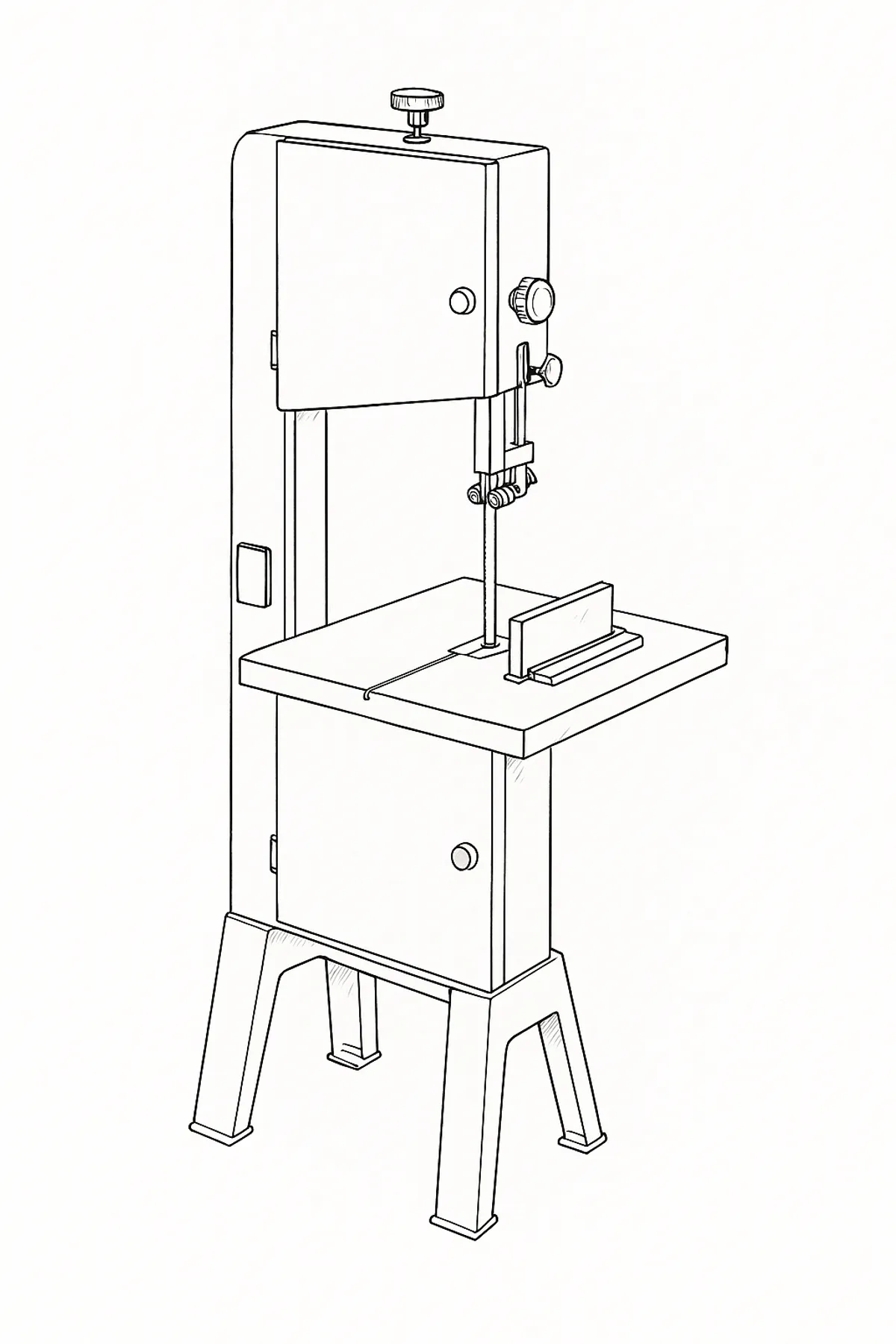 Line-art illustration of the Axminster AP2920B bandsaw showing its upper and lower wheel housings, blade guides and tensioning mechanism