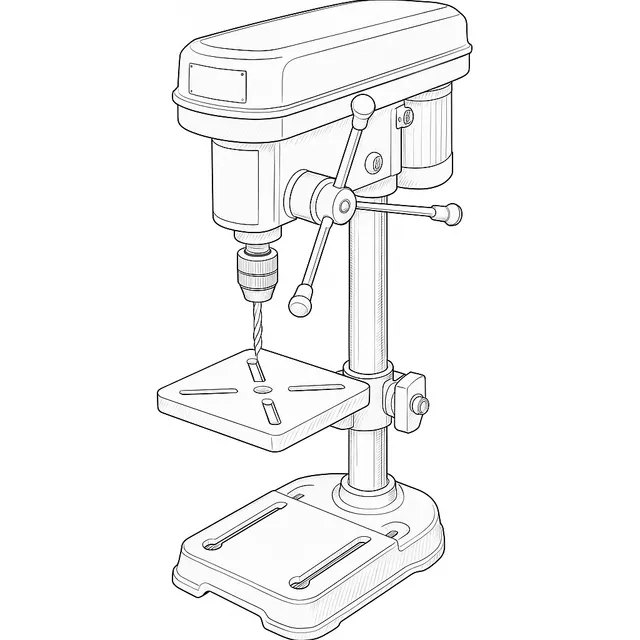 Line-art illustration of the Axminster AP340PD bench pillar drill showing its column, head, chuck, quill and adjustable table