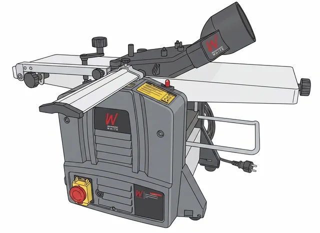 Illustration of a benchtop planer thicknesser/jointer with its fence, tables, and dust extraction port