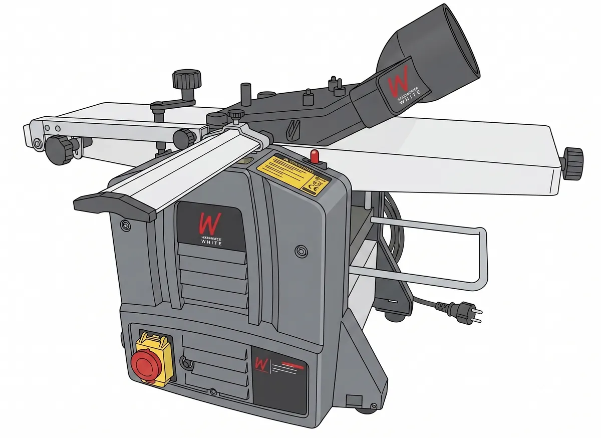 Illustration of a benchtop planer thicknesser/jointer with its fence, tables, and dust extraction port