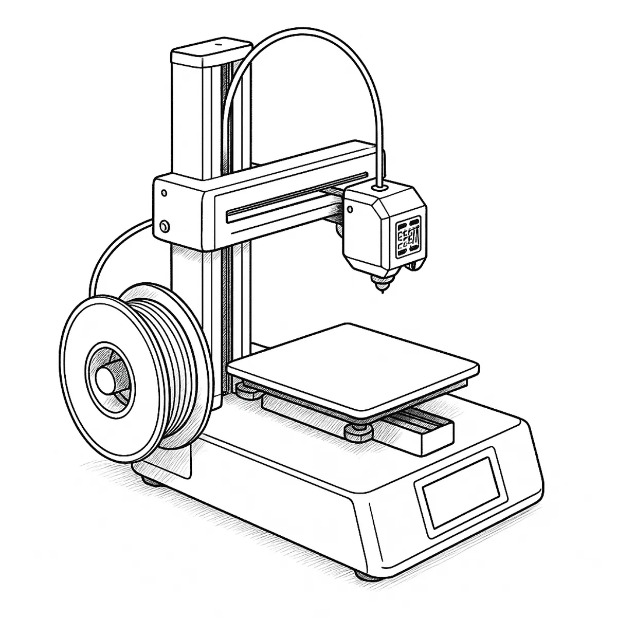 Line-art illustration of the Bambu Lab A1 Mini 3D printer showing its cantilever column, print head and sliding heated bed