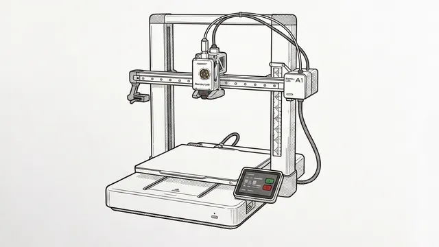 Technical line-art illustration of the Bambu Lab A1 3D printer with its touchscreen and toolhead visible