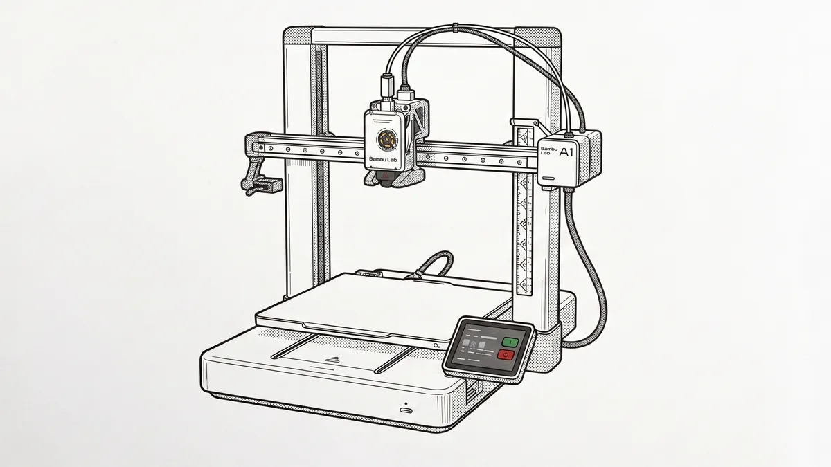 Technical line-art illustration of the Bambu Lab A1 3D printer with its touchscreen and toolhead visible