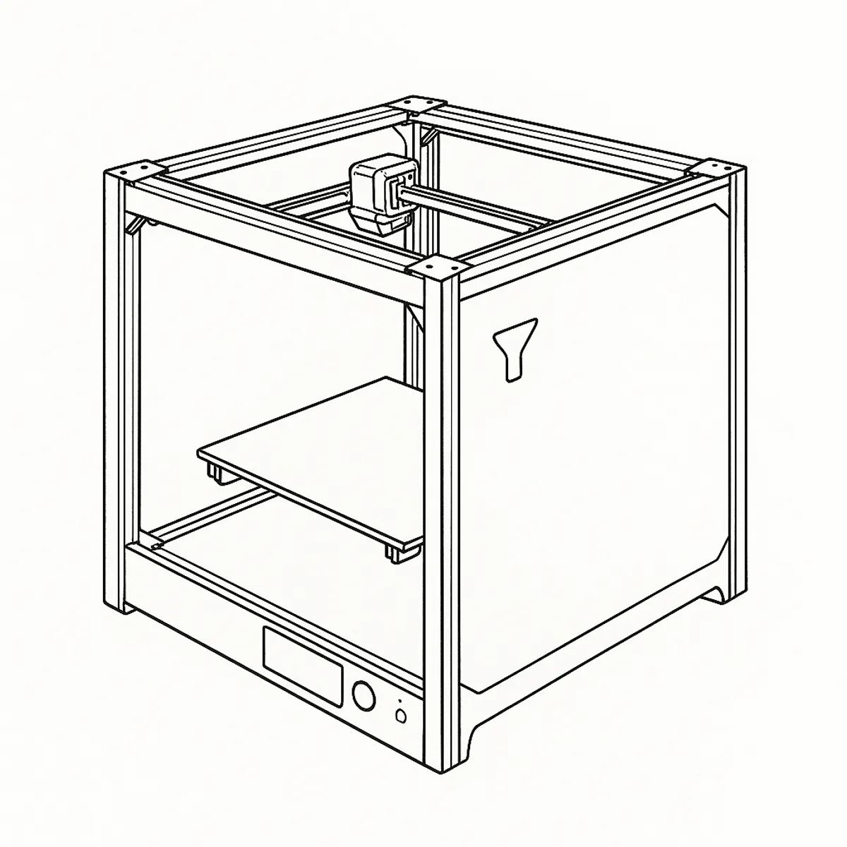 Line-art illustration of the Bambu Lab P1P 3D printer showing its open CoreXY gantry frame, rear panel and filament chute