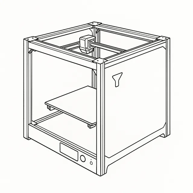 Line-art illustration of the Bambu Lab P1P 3D printer showing its open CoreXY gantry frame, rear panel and filament chute