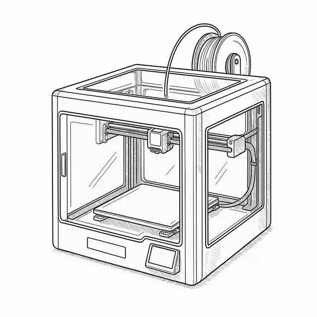 Line-art illustration of the Bambu Lab P1S 3D printer showing its enclosed case, CoreXY gantry and heated bed