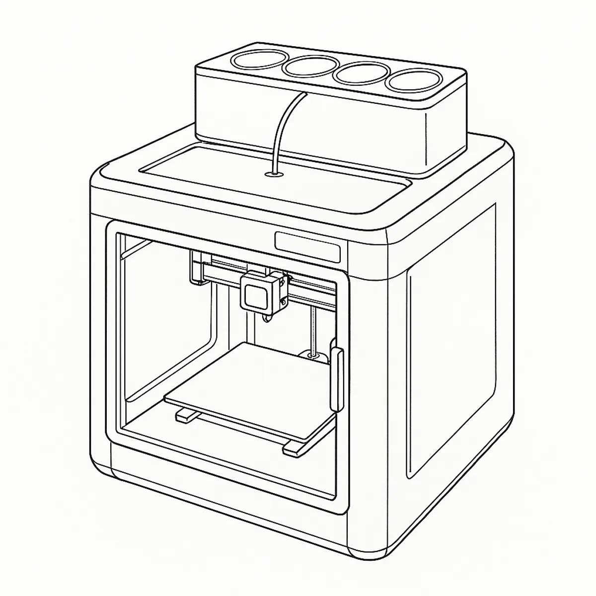 Line-art illustration of the Bambu Lab X1 Carbon 3D printer showing its enclosed case, toolhead and AMS filament unit