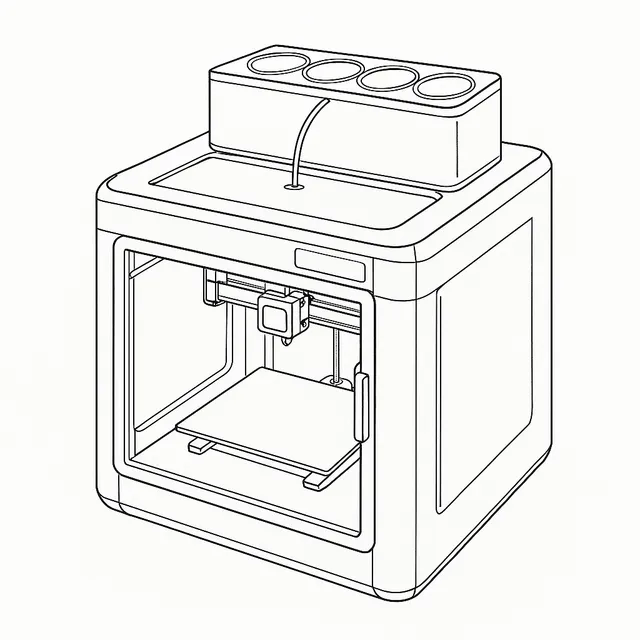 Line-art illustration of the Bambu Lab X1 Carbon 3D printer showing its enclosed case, toolhead and AMS filament unit