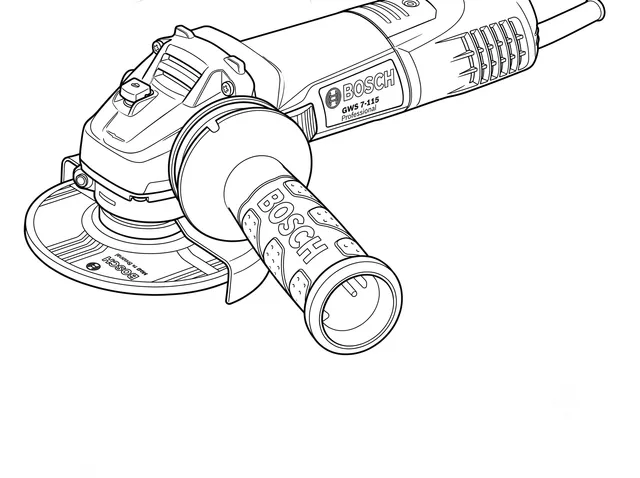 Line-art illustration of the Bosch GWS 7-115 angle grinder with its wheel guard, side handle, and grinding disc