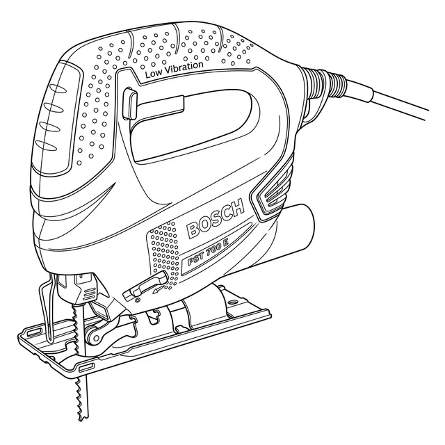 Line-art illustration of the Bosch PST 700 E jigsaw with its blade and base plate visible
