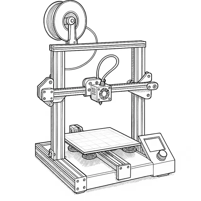Line-art illustration of the Creality Ender 3 V2 3D printer showing its extrusion frame, hot end and control box with screen and knob