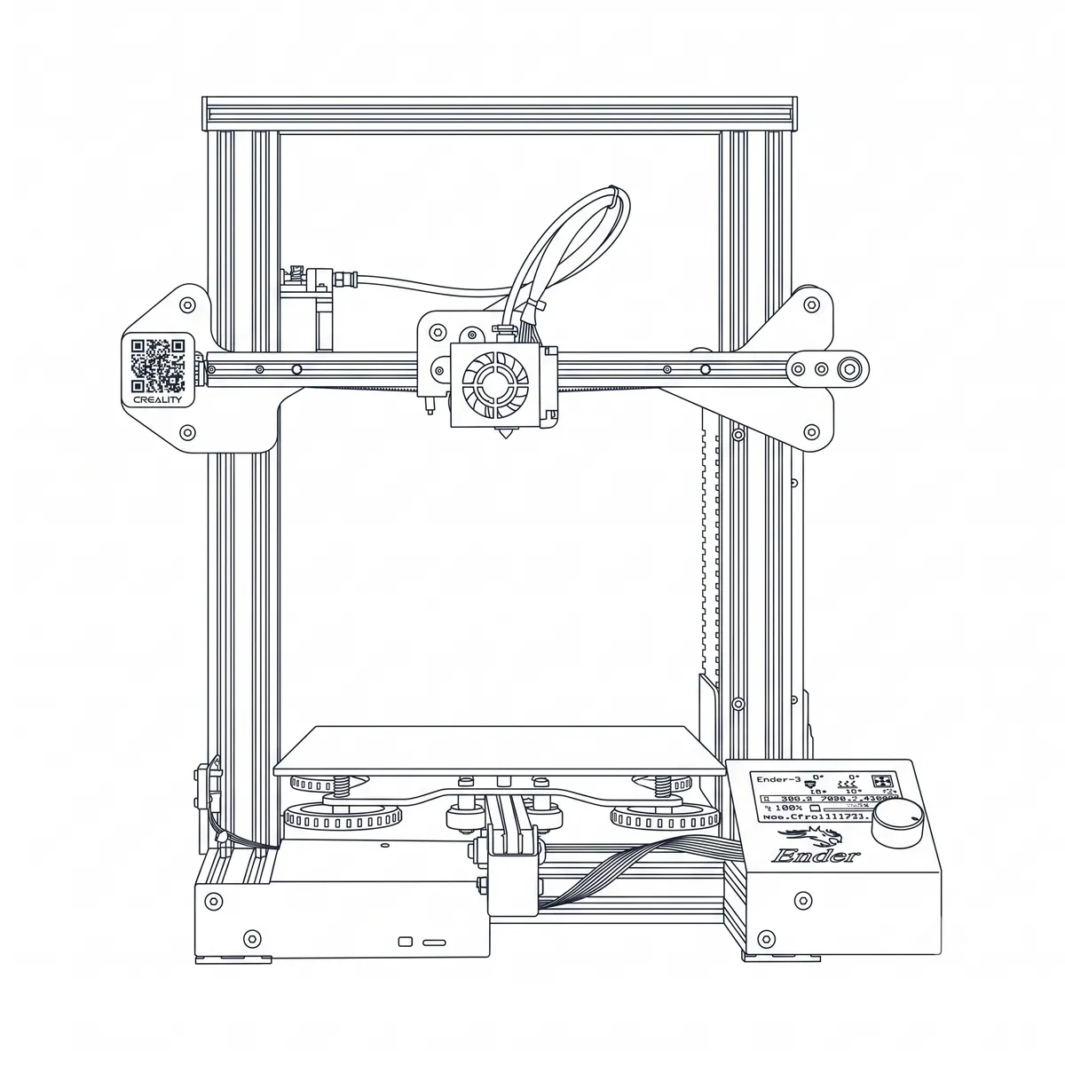 Line-art illustration of the Creality Ender 3 3D printer showing the gantry, print bed, and control box