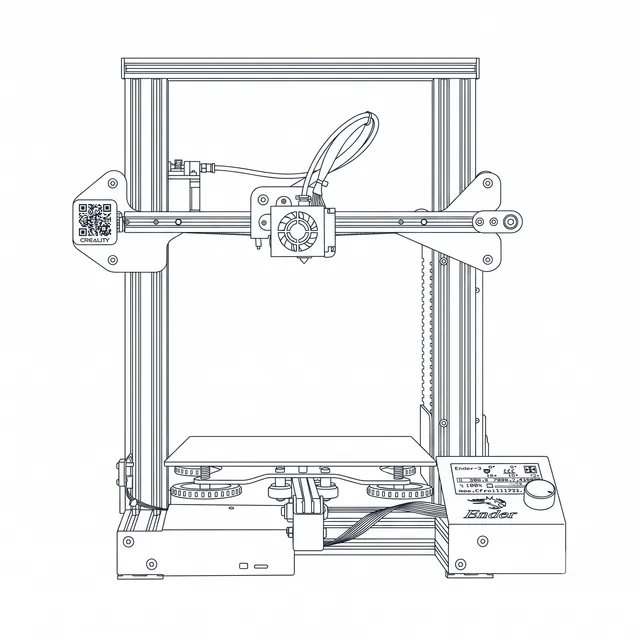 Line-art illustration of the Creality Ender 3 3D printer showing the gantry, print bed, and control box