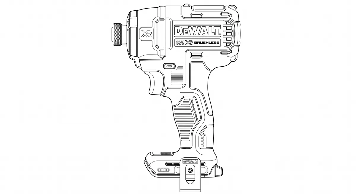 Line-art illustration of the DeWalt DCF887 impact driver showing its quarter-inch hex chuck and belt clip