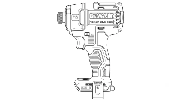 Line-art illustration of the DeWalt DCF887 impact driver showing its quarter-inch hex chuck and belt clip
