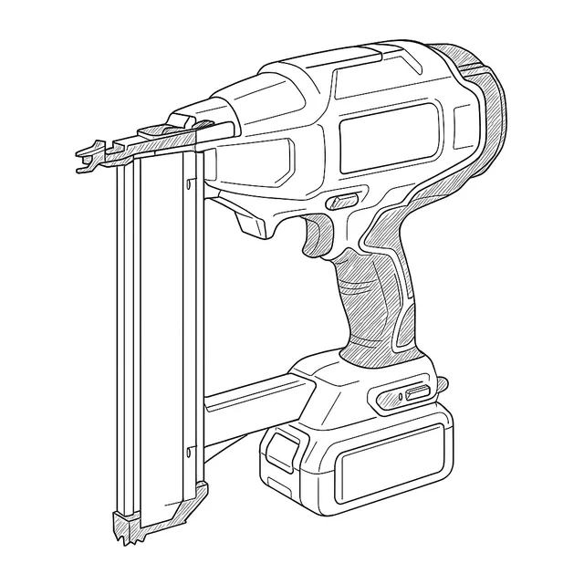 Line-art illustration of the DeWalt DCN660 18V XR finish nailer showing the nosepiece contact trip, the worklights either side of the trigger, the magazine and the trigger lock-off switch