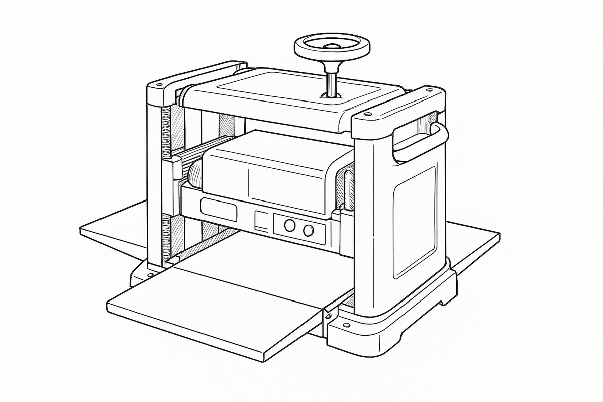 Line-art illustration of the DeWalt DW733 portable thicknesser with its infeed table, cutterhead cover, and the switch and reset button on the front