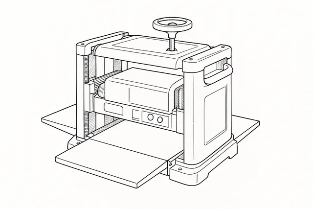 Line-art illustration of the DeWalt DW733 portable thicknesser with its infeed table, cutterhead cover, and the switch and reset button on the front