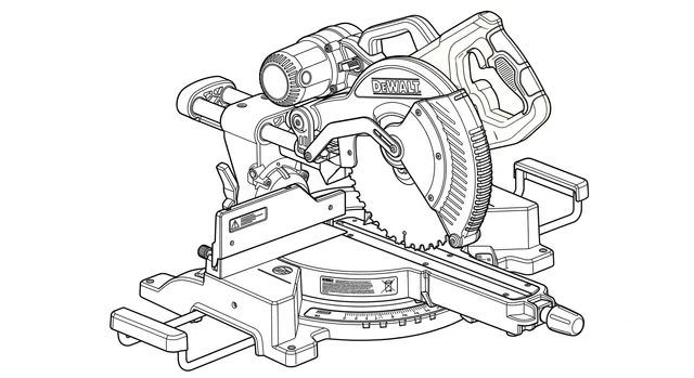 Line-art illustration of the DeWalt DWS774 sliding mitre saw with its fence, mitre scale, and slide rails