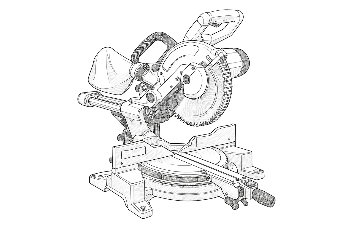 Line-art illustration of the DeWalt DWS780 sliding compound mitre saw showing its blade, guard, slide rails and mitre table