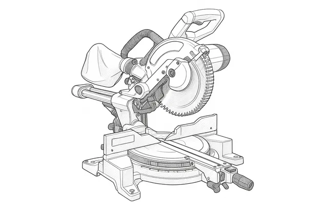 Line-art illustration of the DeWalt DWS780 sliding compound mitre saw showing its blade, guard, slide rails and mitre table