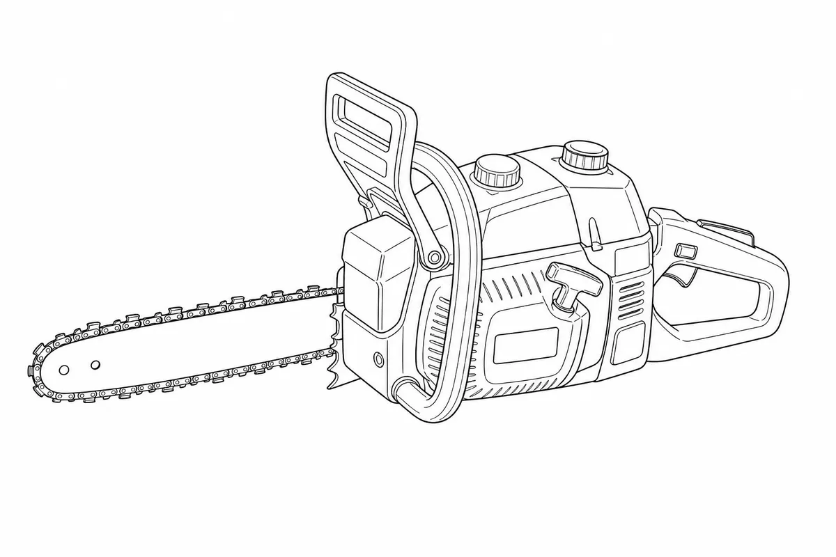 Line-art illustration of the Einhell GC-PC 1335/1 I petrol chainsaw showing the guide bar and chain, the oil tank filler cap, the front hand guard chain brake lever, and the underside oil-flow adjustment screw