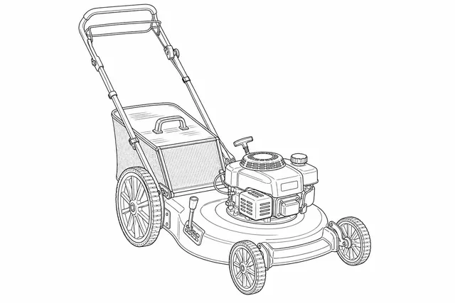 Line-art illustration of the Einhell GC-PM 52/2 S HW petrol lawn mower showing the folding handlebar, the OHV engine with starter cord, the central cutting-height lever, the large grass catch basket, and the underside cutting deck and blade