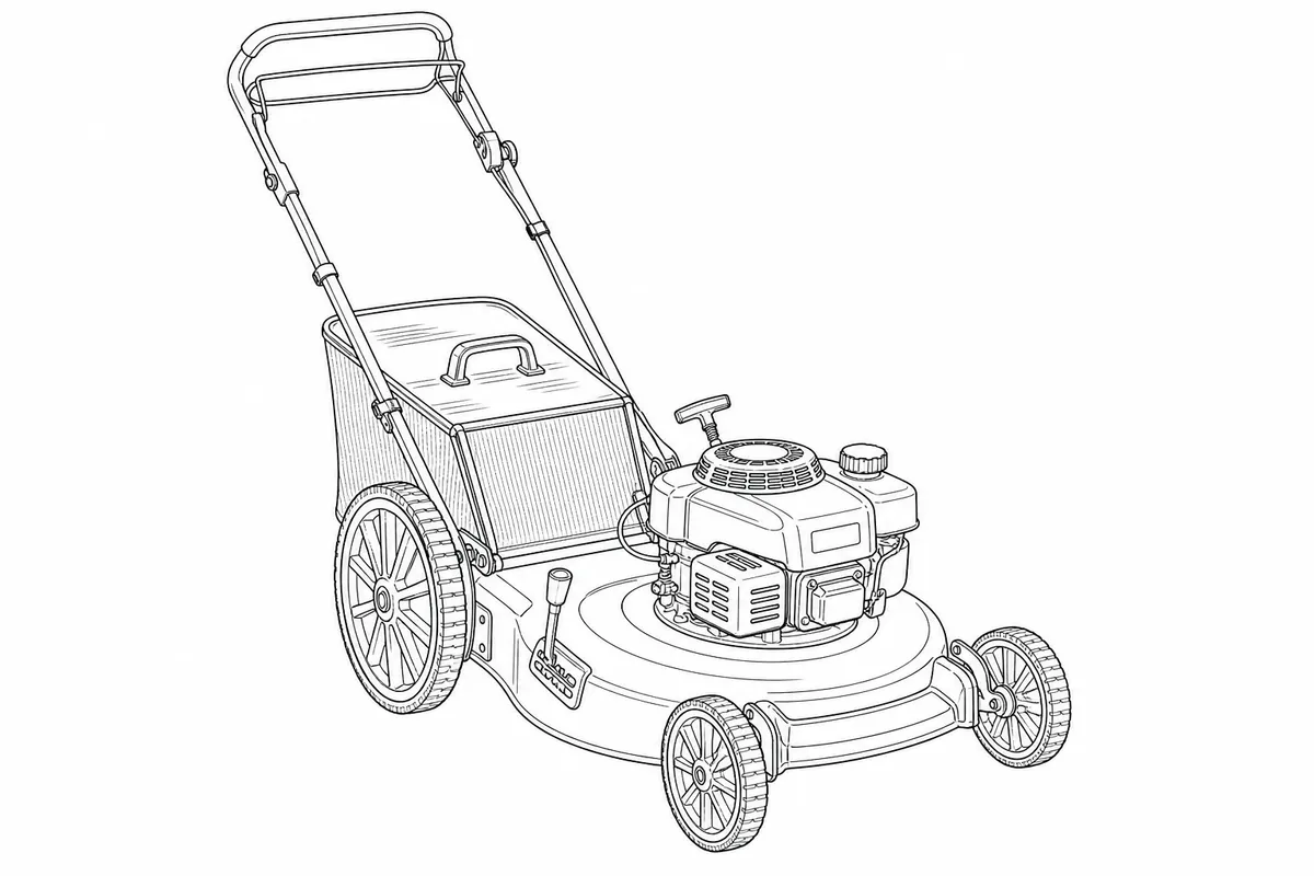Line-art illustration of the Einhell GC-PM 52/2 S HW petrol lawn mower showing the folding handlebar, the OHV engine with starter cord, the central cutting-height lever, the large grass catch basket, and the underside cutting deck and blade