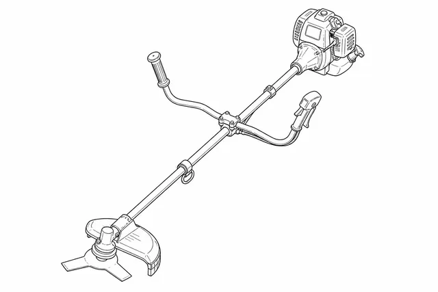 Line-art illustration of the Einhell GE-BC 43 AS petrol brushcutter showing the twin bike handle, the split shaft, the knife protection cover over the three-tooth blade, and the primer bulb and choke lever on the engine housing