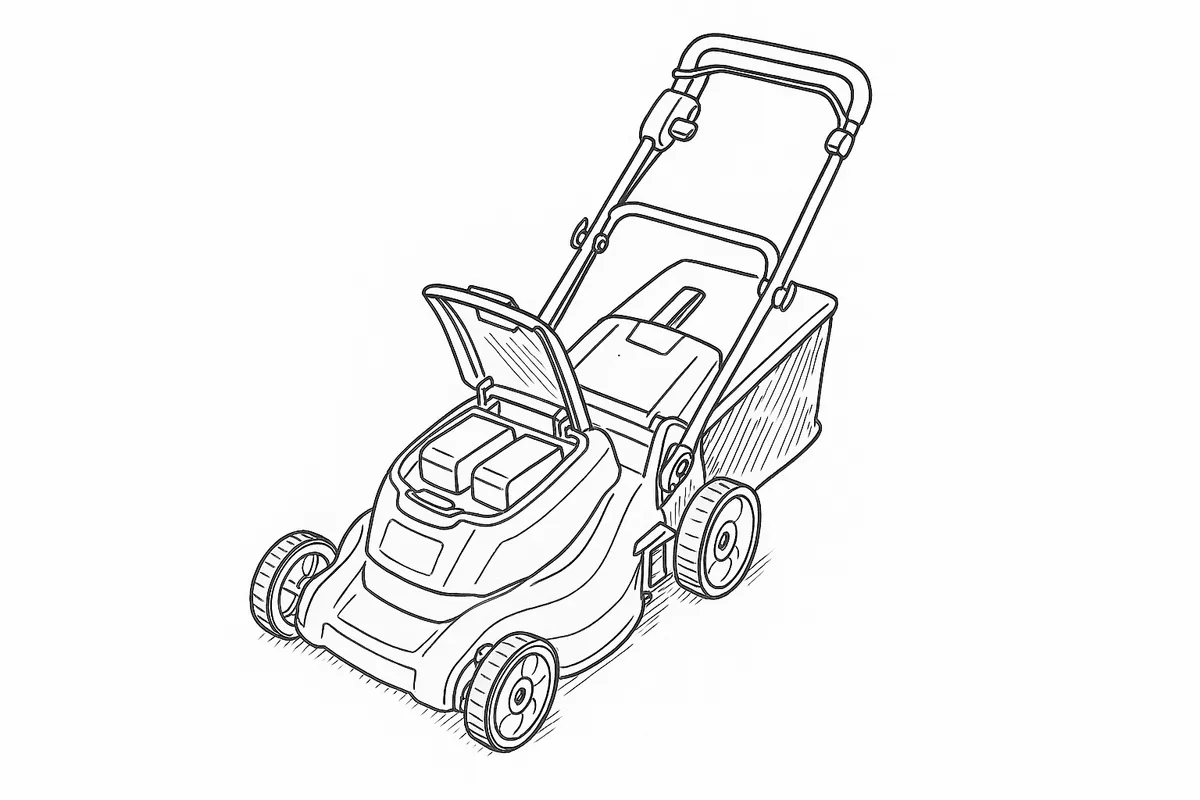 Line-art illustration of the Einhell GE-CM 36 Li cordless lawn mower showing the twin battery bay under its cover, the handlebar safety switch and switching bar, and the grass basket