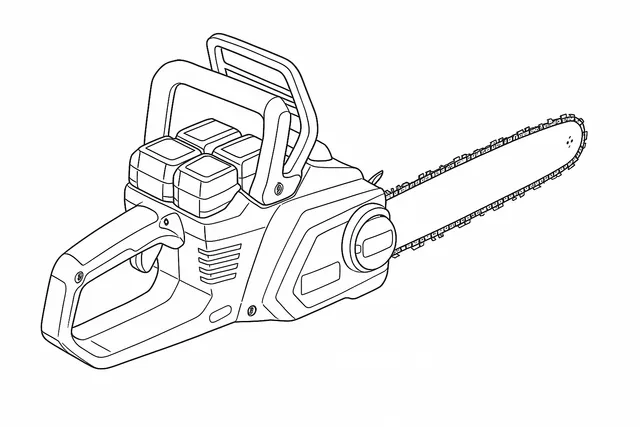 Line-art illustration of the Einhell GP-LC 36/40 Li BL cordless chainsaw showing the front hand guard chain brake, the rear handle with ON/OFF switch and safety lock-off button, and the twin battery slot