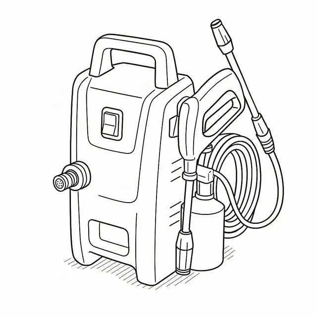 Line-art illustration of the Einhell TC-HP 1538 PC pressure washer showing the water inlet coupling and intake filter, the on/off switch, the trigger lever on the spray gun, and the detergent container