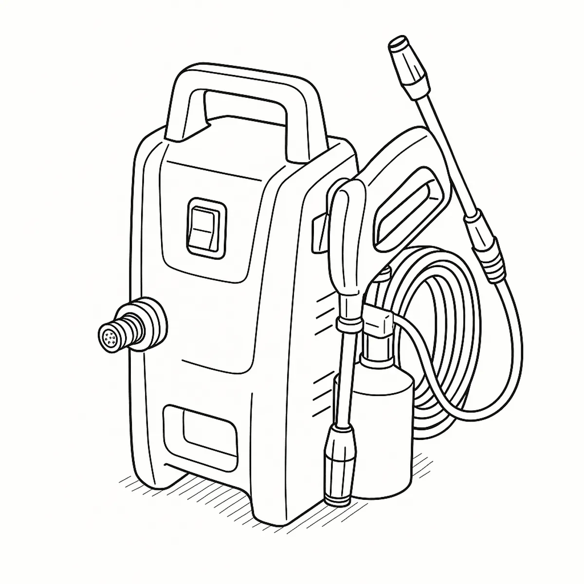 Line-art illustration of the Einhell TC-HP 1538 PC pressure washer showing the water inlet coupling and intake filter, the on/off switch, the trigger lever on the spray gun, and the detergent container