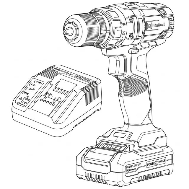 Line-art illustration of an Einhell TE-CD 18 Li cordless drill