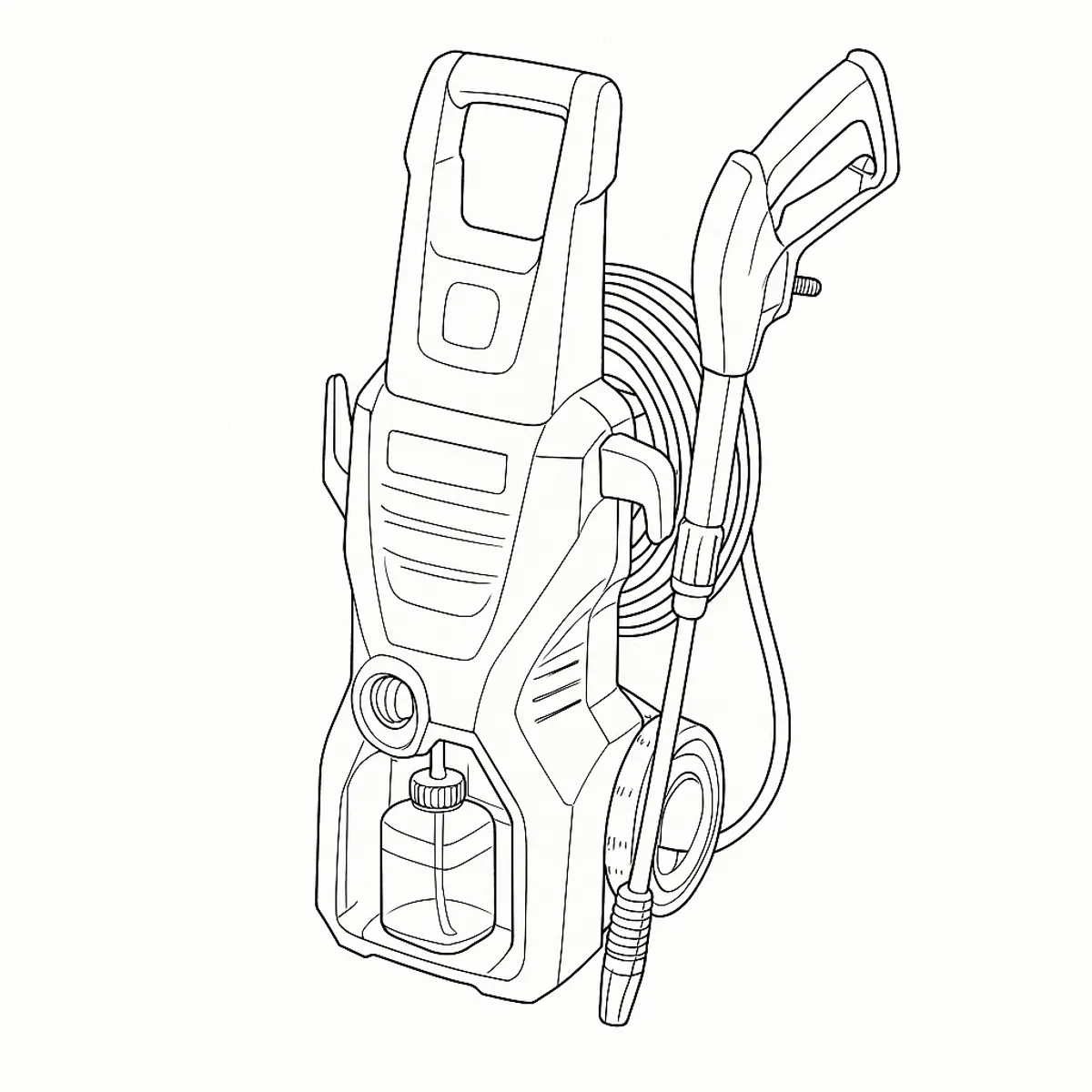 Line-art illustration of the Kärcher K3 pressure washer with its detergent bottle, suction hose and spray lance