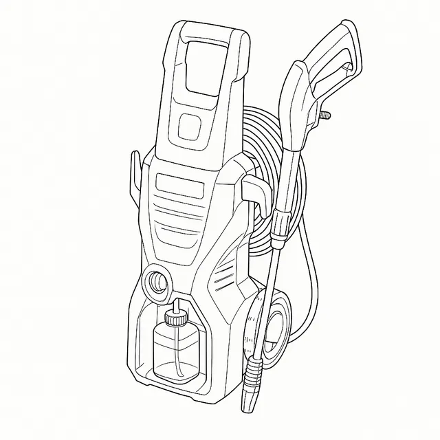 Line-art illustration of the Kärcher K3 pressure washer with its detergent bottle, suction hose and spray lance