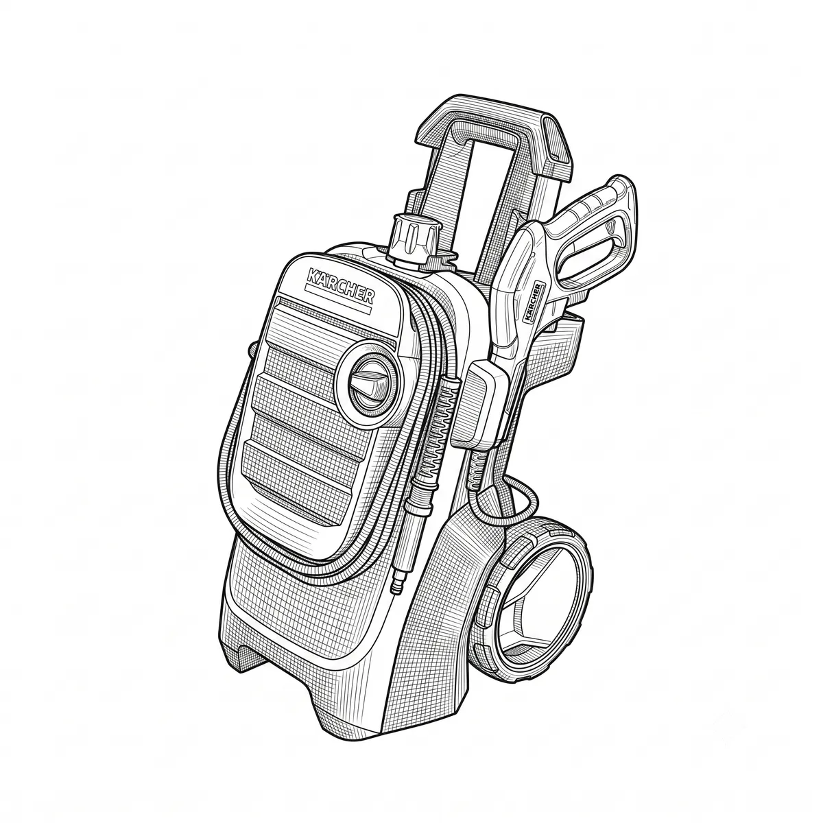 Line-art illustration of the Kärcher K4 pressure washer with its trigger gun docked and hose coiled