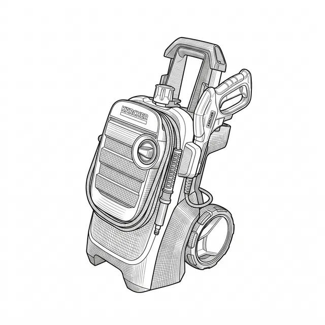 Line-art illustration of the Kärcher K4 pressure washer with its trigger gun docked and hose coiled