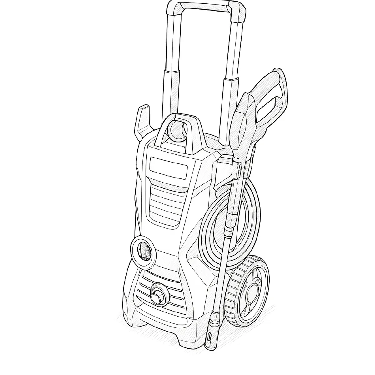 Line-art illustration of the Kärcher K5 pressure washer with its telescopic handle, trigger gun and coiled high-pressure hose