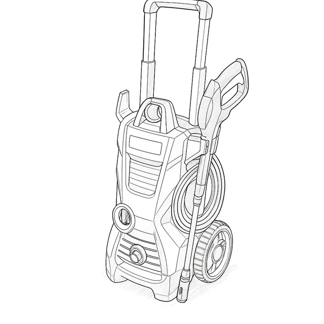 Line-art illustration of the Kärcher K5 pressure washer with its telescopic handle, trigger gun and coiled high-pressure hose