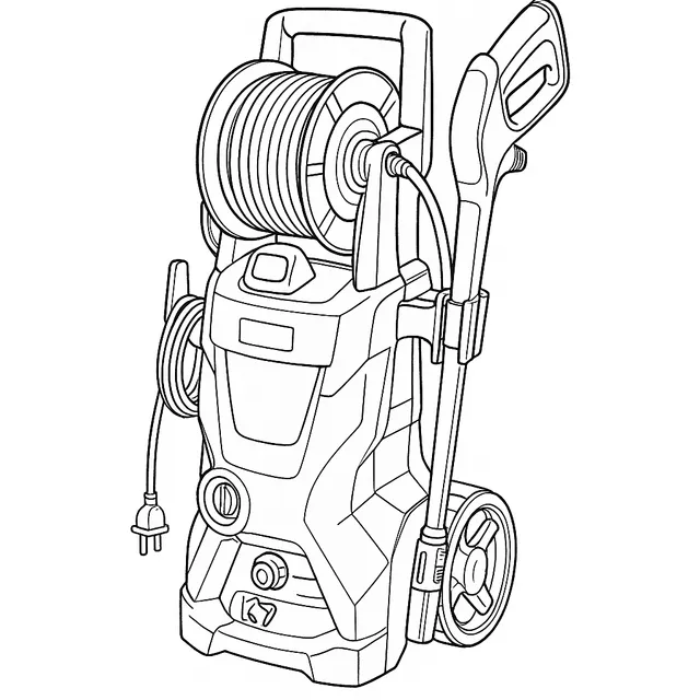 Line-art illustration of the Kärcher K7 pressure washer with its power switch, mains cable and Full Control Plus trigger gun
