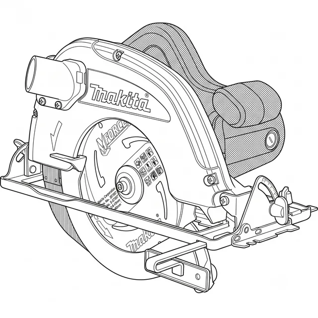 Line-art illustration of the Makita 5704R circular saw showing the blade, lower guard, and base plate
