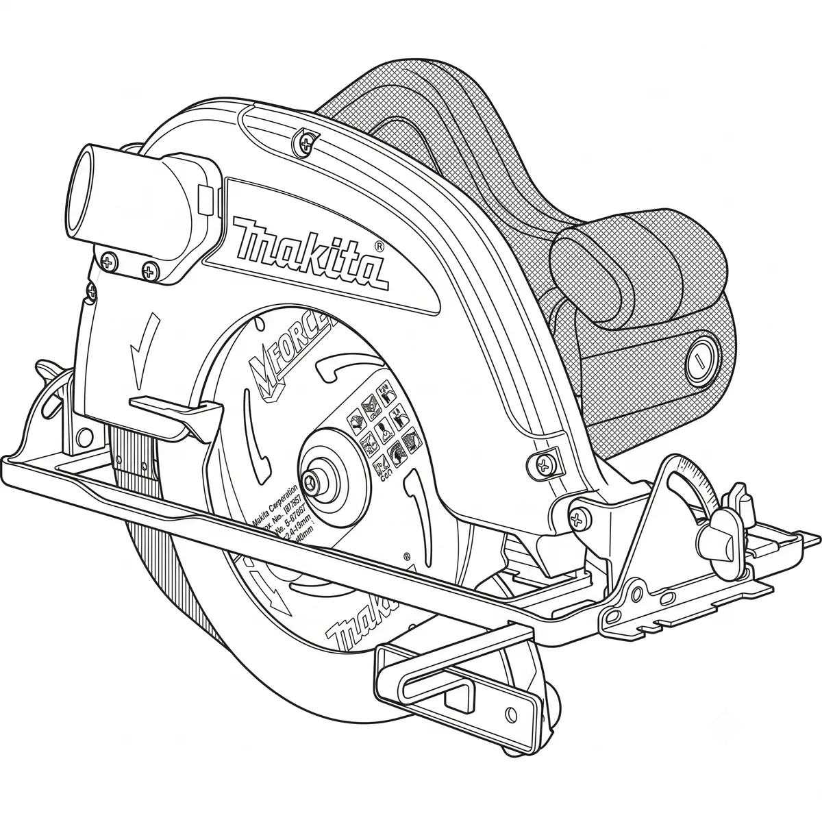 Line-art illustration of the Makita 5704R circular saw showing the blade, lower guard, and base plate