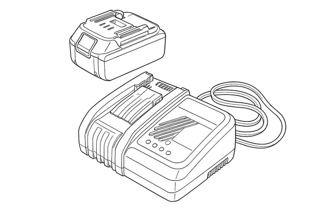 Line-art illustration of the Makita DC18RC battery charger with a slide-on battery pack above its dock and the indicator lamps on the front