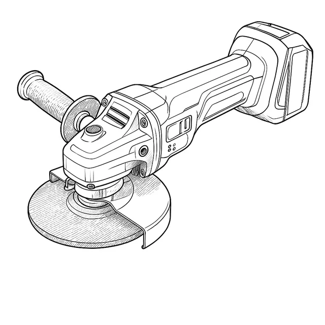 Line-art illustration of the Makita DGA408 cordless angle grinder showing the battery bay, battery indicator button, side handle and guarded grinding wheel