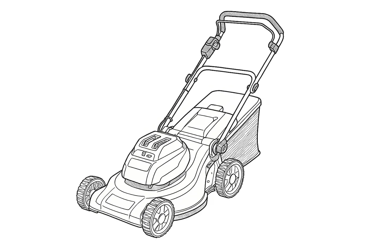 Line-art illustration of the Makita DLM380 cordless lawn mower showing the twin battery bay, lock key and interlock switch, and the handle with its switch button and switch lever