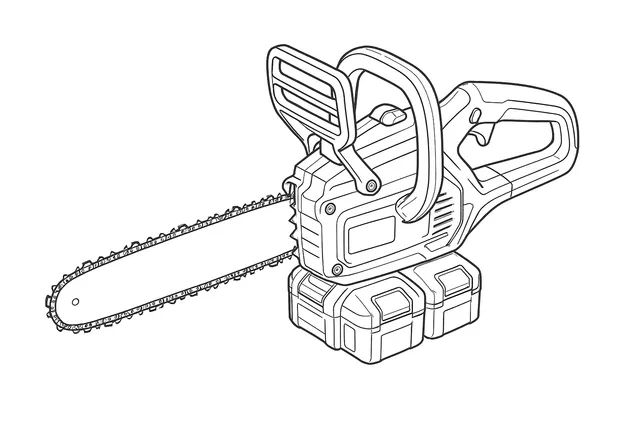Line-art illustration of the Makita DUC302 cordless chainsaw showing the twin battery bay, lock-off button and switch trigger on the top handle, and the front hand guard chain brake