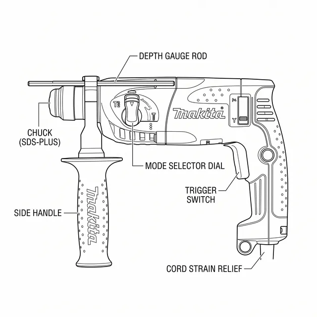 Labelled diagram of the Makita HR2470 SDS-plus drill: chuck, depth gauge rod, mode selector dial, trigger switch, side handle, and cord strain relief