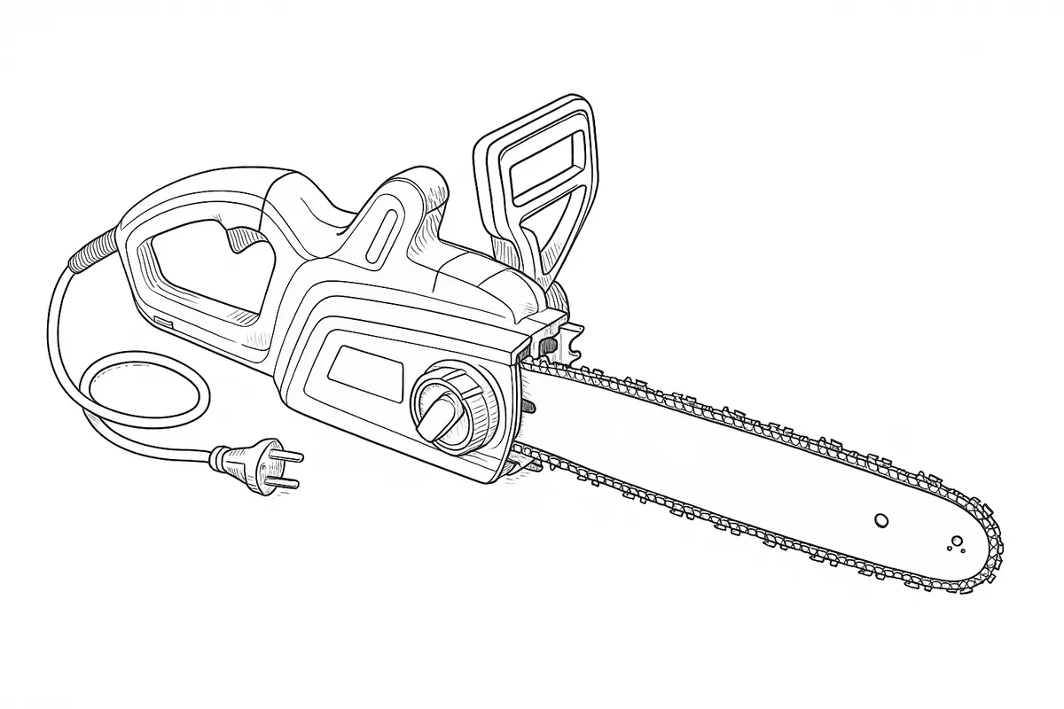 Line-art illustration of the Makita UC4041A electric chainsaw showing its guide bar, chain and front hand guard chain-brake lever